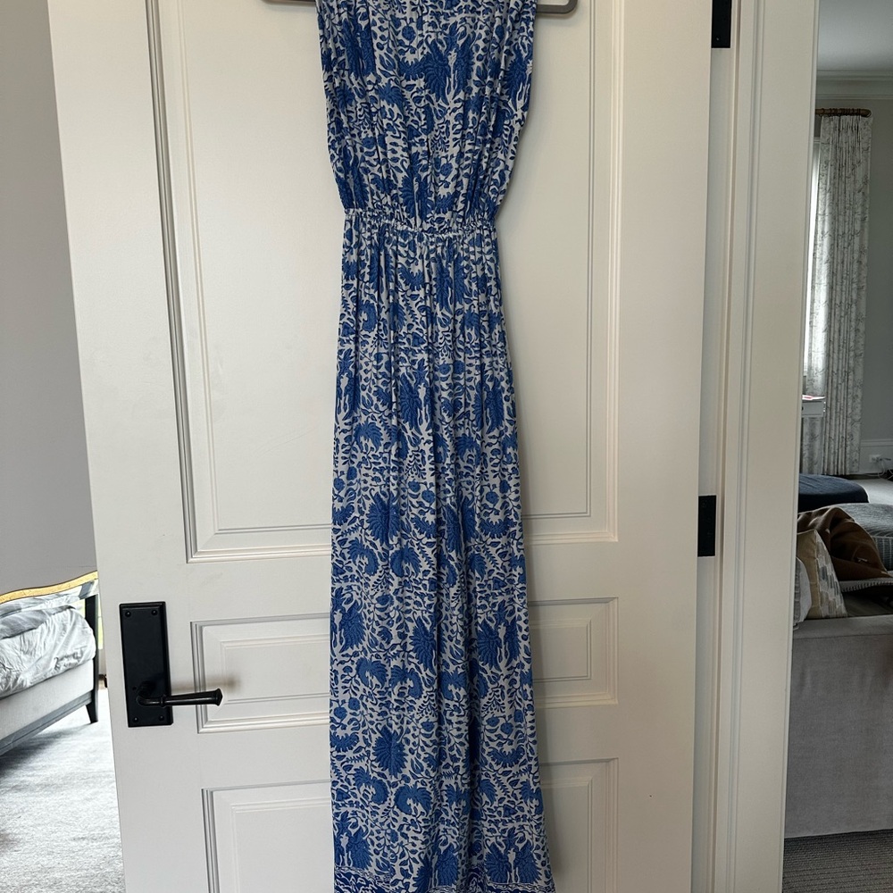Natalie Martin Blue and White Halter Maxi Sundress